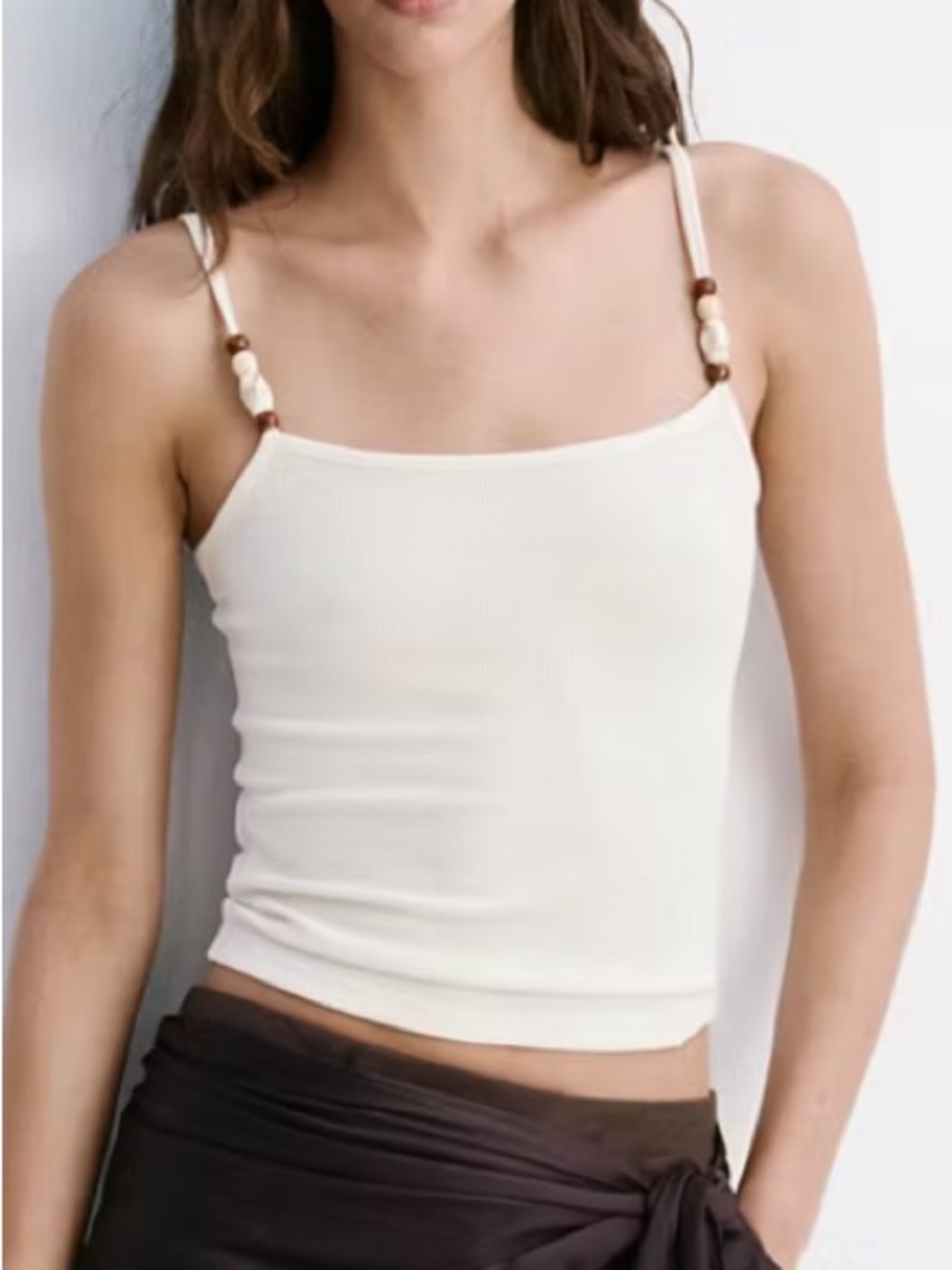 Mango Cream Ribbed Camisole with Adjustable Straps THIN STRAP EMBELLISHED TOP